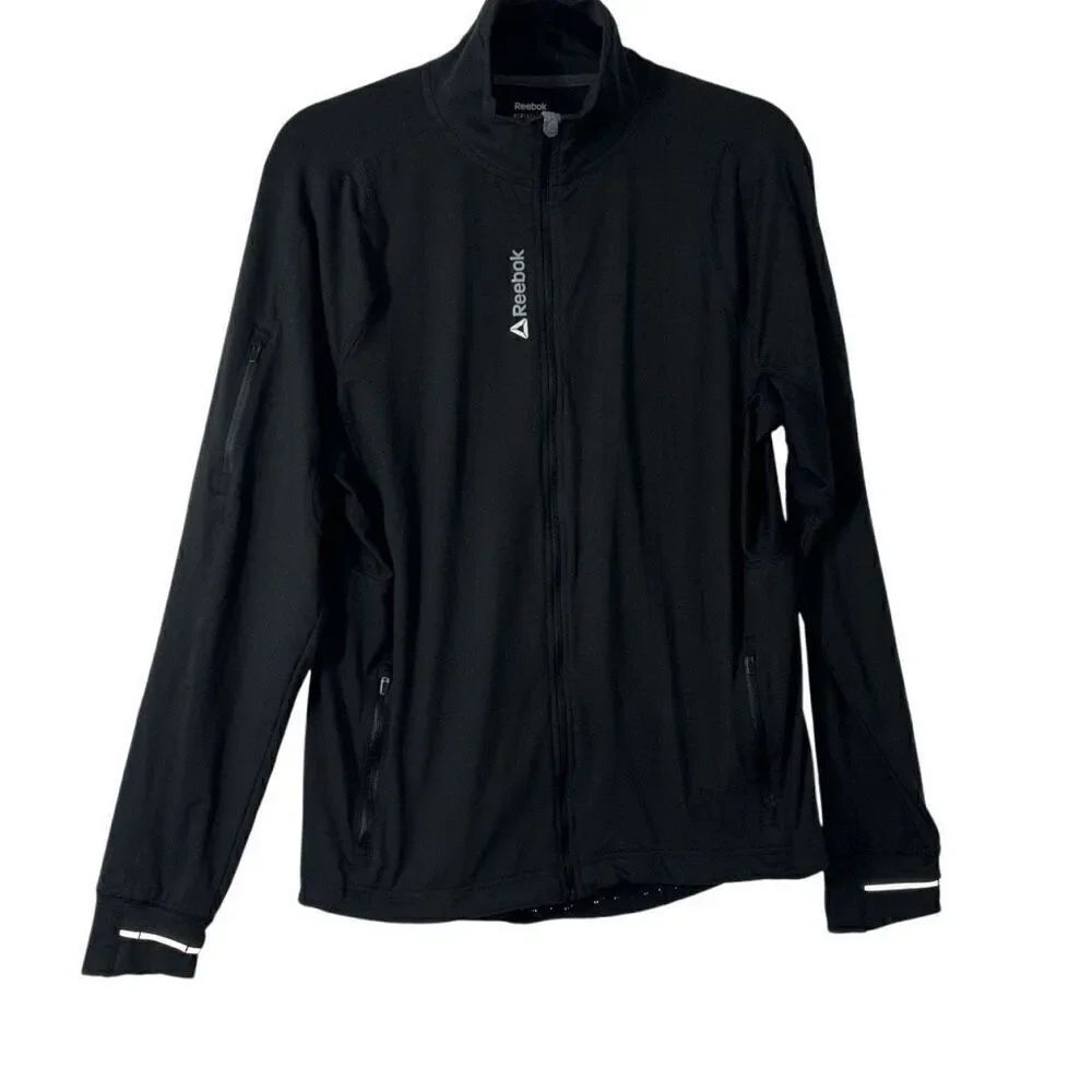 Reebok detailed black zip front track jacket w zip pockets M